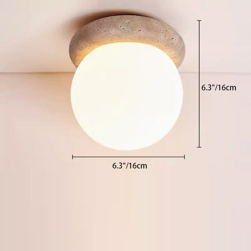 Contemporary Scandinavian Orb Round Yellow Travertine 1-Light Flush Mount Ceiling Light For Living Room