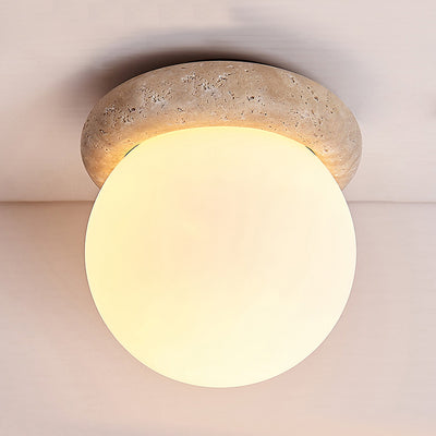 Contemporary Scandinavian Orb Round Yellow Travertine 1-Light Flush Mount Ceiling Light For Living Room