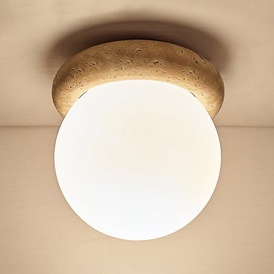 Contemporary Scandinavian Orb Round Yellow Travertine 1-Light Flush Mount Ceiling Light For Living Room