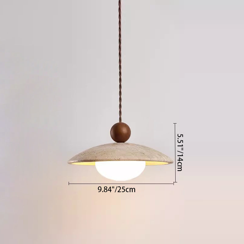 Traditional Japanese Bowl Round Ball Half Round Beige Travertine Solid Wood 1-Light Pendant Light For Living Room