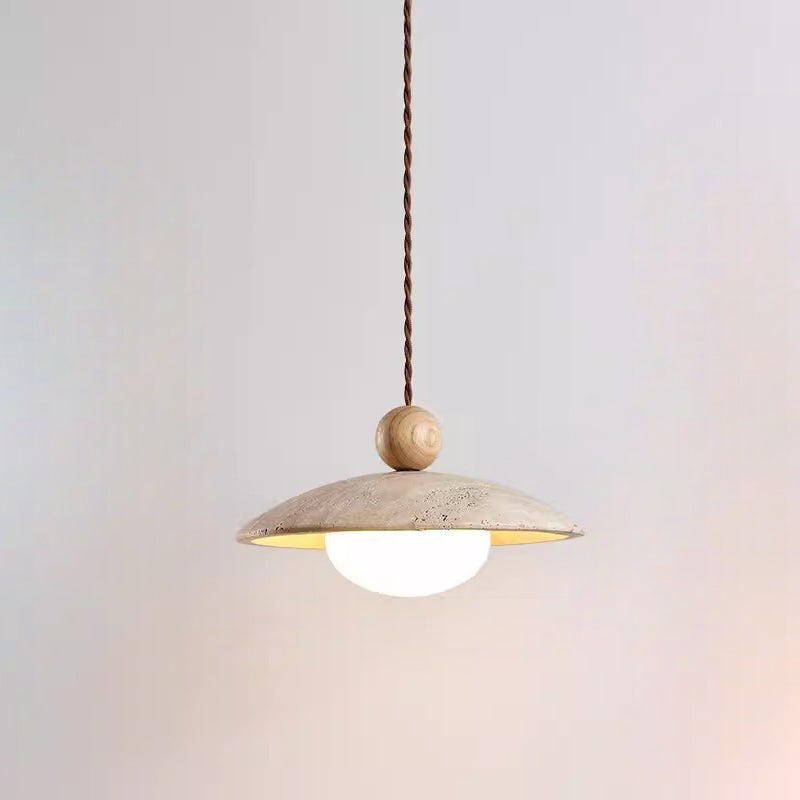 Traditional Japanese Bowl Round Ball Half Round Beige Travertine Solid Wood 1-Light Pendant Light For Living Room