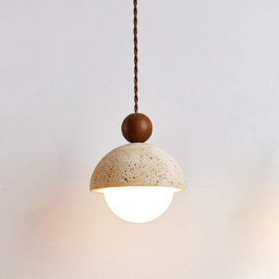 Traditional Japanese Bowl Round Ball Half Round Beige Travertine Solid Wood 1-Light Pendant Light For Living Room