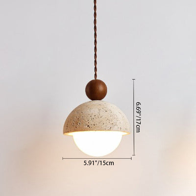 Traditional Japanese Bowl Round Ball Half Round Beige Travertine Solid Wood 1-Light Pendant Light For Living Room