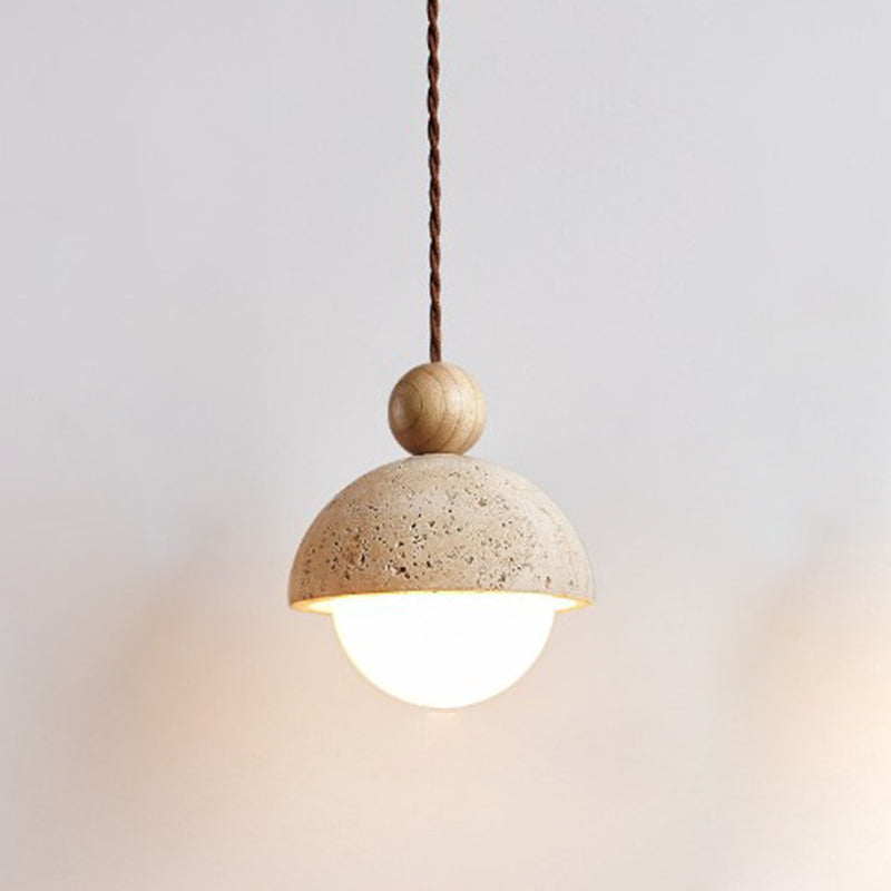 Traditional Japanese Bowl Round Ball Half Round Beige Travertine Solid Wood 1-Light Pendant Light For Living Room