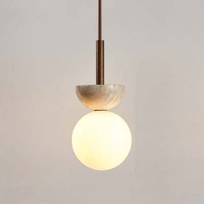 Traditional Japanese Bowl Round Ball Half Round Beige Travertine Solid Wood 1-Light Pendant Light For Living Room