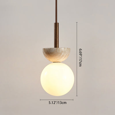 Traditional Japanese Bowl Round Ball Half Round Beige Travertine Solid Wood 1-Light Pendant Light For Living Room