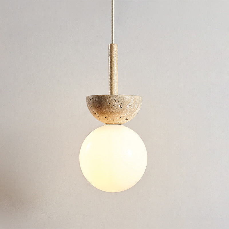 Traditional Japanese Bowl Round Ball Half Round Beige Travertine Solid Wood 1-Light Pendant Light For Living Room