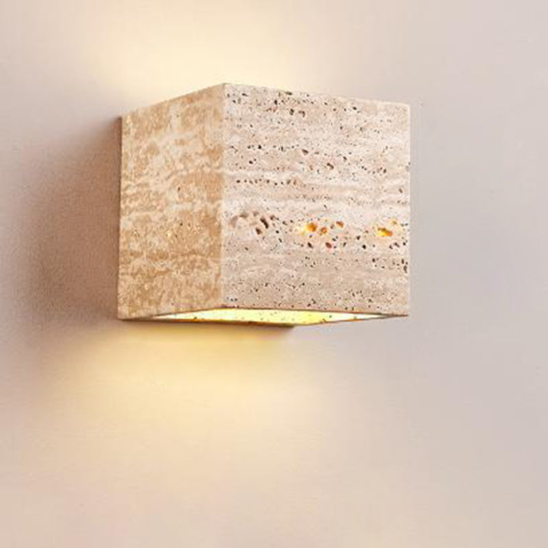 Traditional Japanese Square Rectangle Yellow Travertine Iron LED Wall Sconce Lamp For Living Room