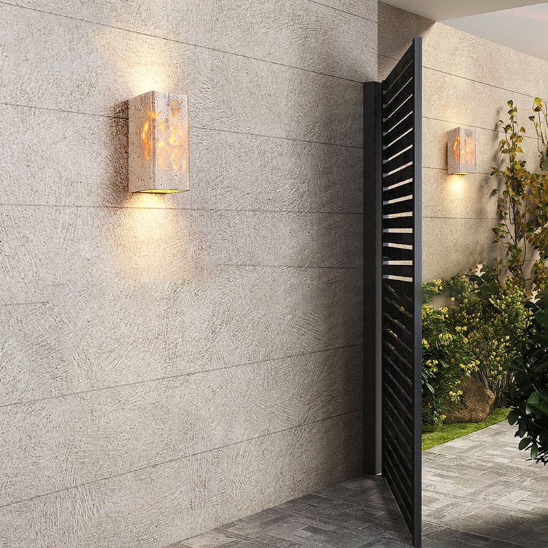 Traditional Japanese Square Rectangle Yellow Travertine Iron LED Wall Sconce Lamp For Living Room