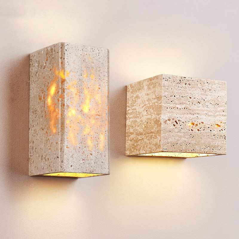 Traditional Japanese Square Rectangle Yellow Travertine Iron LED Wall Sconce Lamp For Living Room