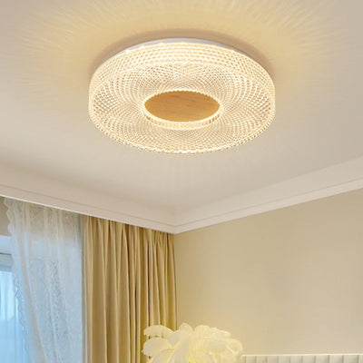 Modern Luxury Hollow Round Acrylic Rubberwood LED Flush Mount Ceiling Light For Living Room