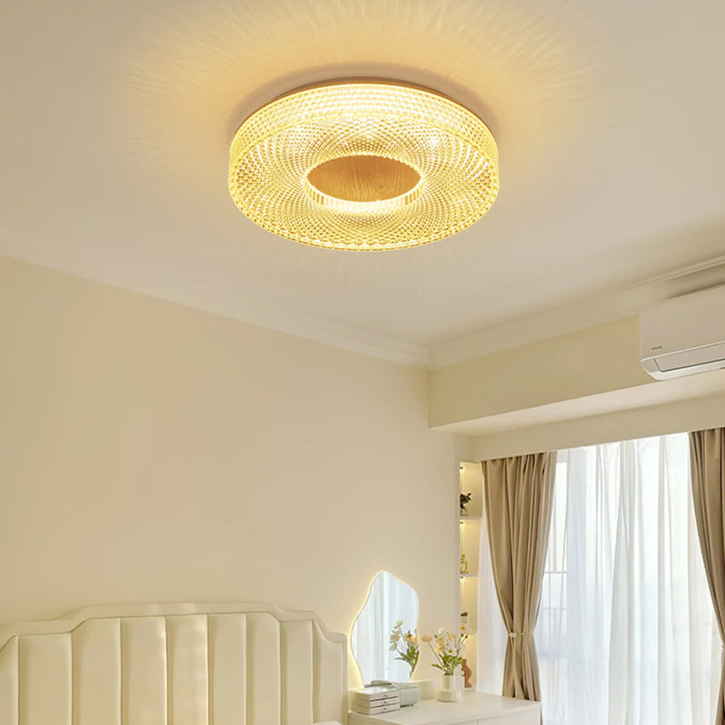 Modern Luxury Hollow Round Acrylic Rubberwood LED Flush Mount Ceiling Light For Living Room