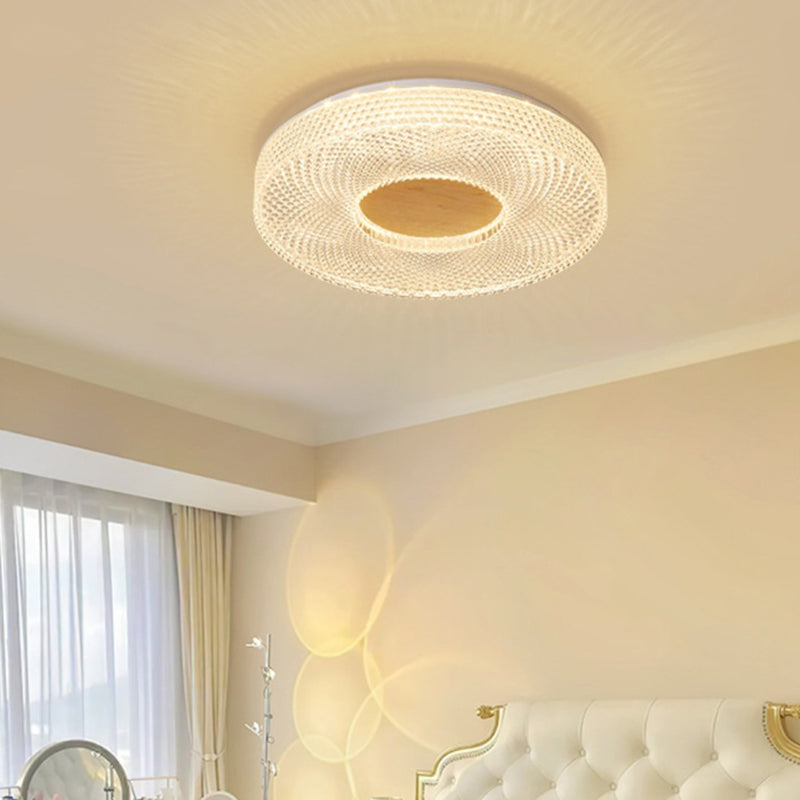 Modern Luxury Hollow Round Acrylic Rubberwood LED Flush Mount Ceiling Light For Living Room