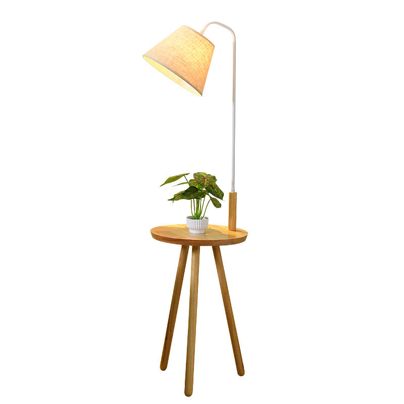 Contemporary Scandinavian Round Triangle Cone Fabric Iron Wood 1-Light Standing Floor Lamp For Living Room