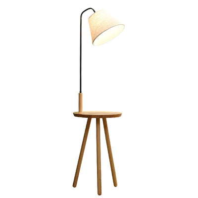 Contemporary Scandinavian Round Triangle Cone Fabric Iron Wood 1-Light Standing Floor Lamp For Living Room