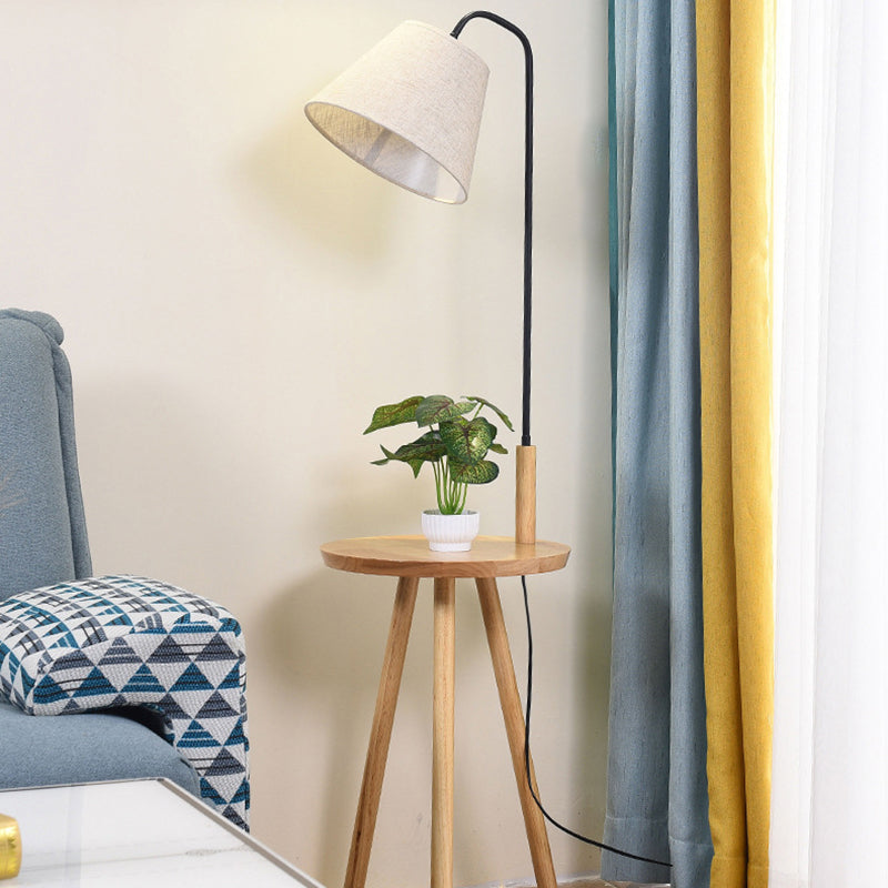 Contemporary Scandinavian Round Triangle Cone Fabric Iron Wood 1-Light Standing Floor Lamp For Living Room