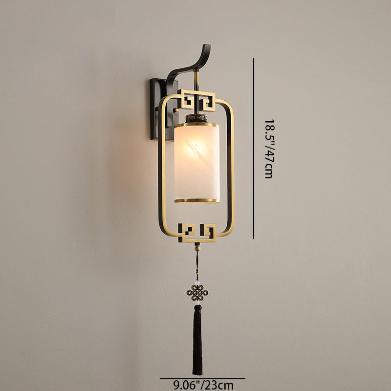 Traditional Chinese Cylinder Lantern Square Glass Copper 1-Light Wall Sconce Lamp For Living Room