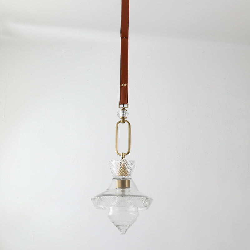 Contemporary Industrial Round Triangle Cone Ring Crystal Glass Iron Leather 1-Light Pendant Light For Living Room