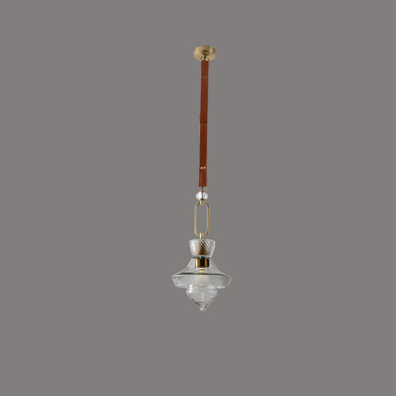 Contemporary Industrial Round Triangle Cone Ring Crystal Glass Iron Leather 1-Light Pendant Light For Living Room