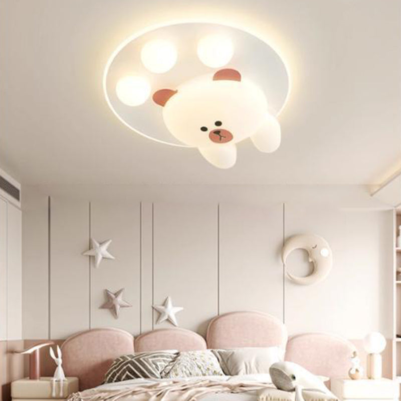 Modern Art Deco Kids Cartoon Bear Round PE Iron LED Flush Mount Ceiling Light For Living Room