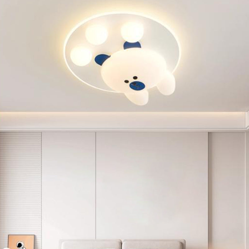 Modern Art Deco Kids Cartoon Bear Round PE Iron LED Flush Mount Ceiling Light For Living Room