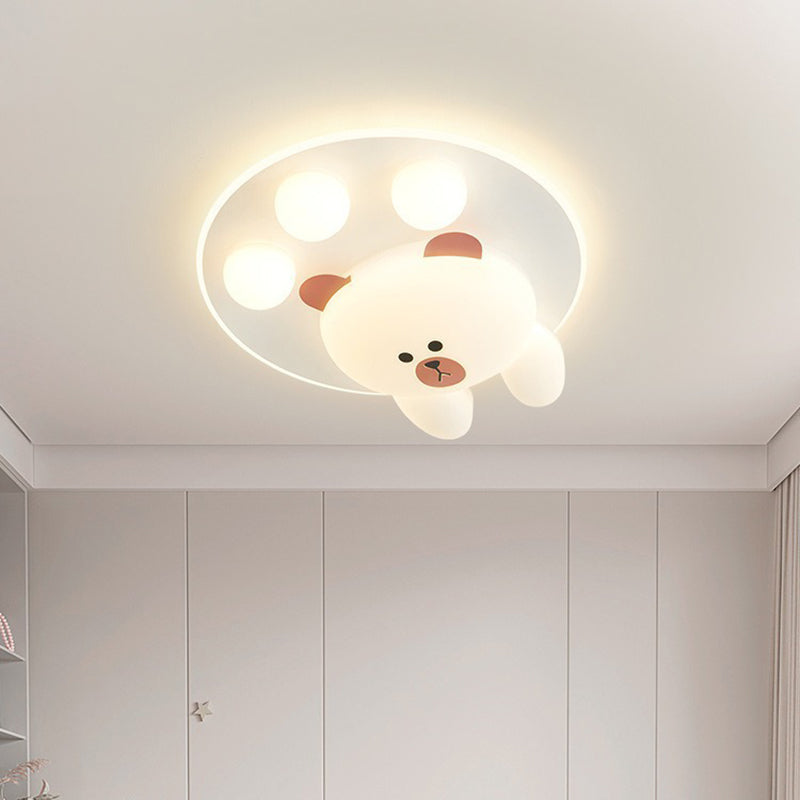 Modern Art Deco Kids Cartoon Bear Round PE Iron LED Flush Mount Ceiling Light For Living Room