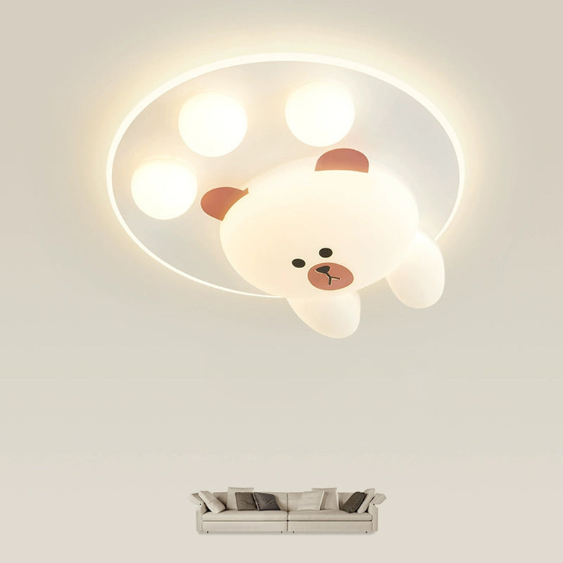 Modern Art Deco Kids Cartoon Bear Round PE Iron LED Flush Mount Ceiling Light For Living Room