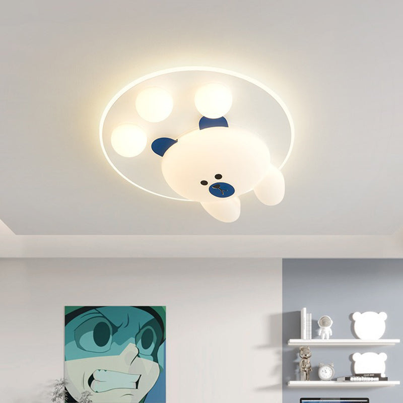 Modern Art Deco Kids Cartoon Bear Round PE Iron LED Flush Mount Ceiling Light For Living Room