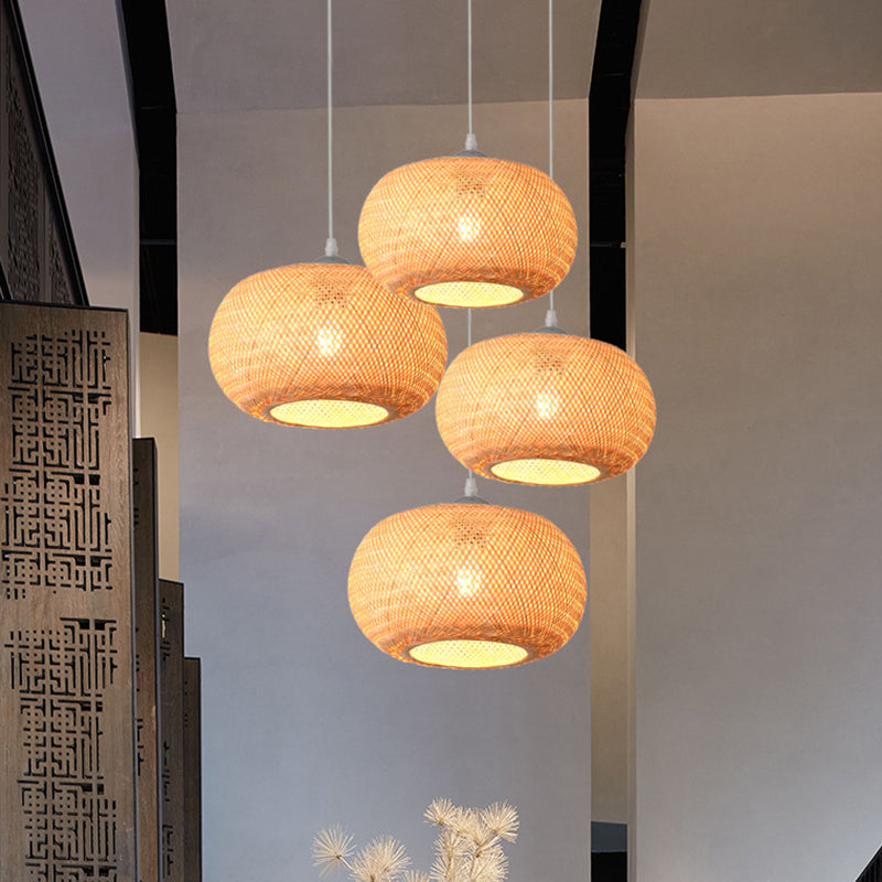 Traditional Chinese Round Citrus Orb Bamboo Iron 1-Light Pendant Light For Living Room