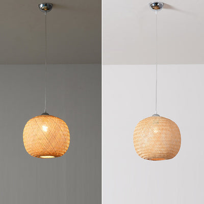 Traditional Chinese Round Citrus Orb Bamboo Iron 1-Light Pendant Light For Living Room