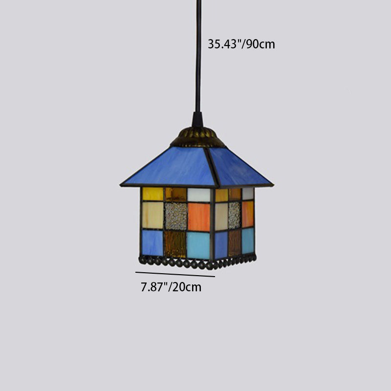 Traditional Tiffany House Shape Square Glass Iron 1-Light Pendant Light For Bedroom