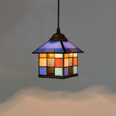 Traditional Tiffany House Shape Square Glass Iron 1-Light Pendant Light For Bedroom