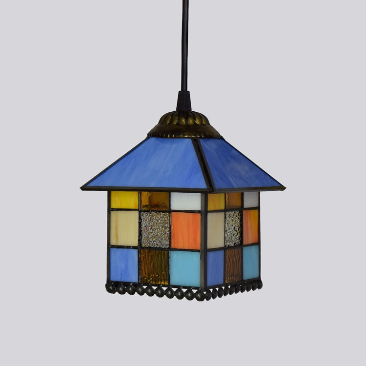 Traditional Tiffany House Shape Square Glass Iron 1-Light Pendant Light For Bedroom