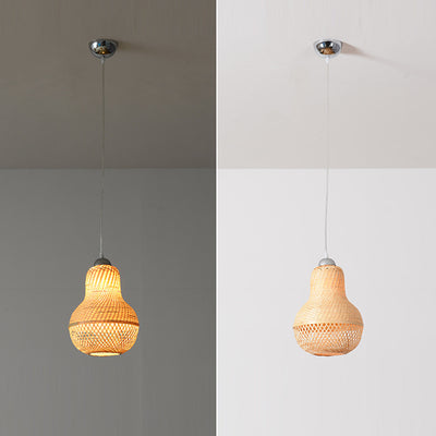 Traditional Chinese Winter Melon Flying Saucer Gourd Round Bamboo Iron 1-Light Pendant Light For Living Room