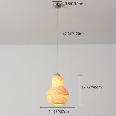 Traditional Chinese Winter Melon Flying Saucer Gourd Round Bamboo Iron 1-Light Pendant Light For Living Room