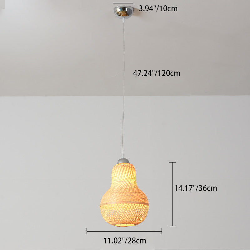 Traditional Chinese Winter Melon Flying Saucer Gourd Round Bamboo Iron 1-Light Pendant Light For Living Room