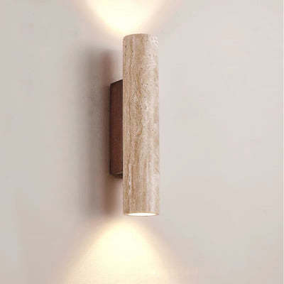 Contemporary Scandinavian Cylinder Round Yellow Travertine Wood 2-Light Wall Sconce Lamp For Living Room