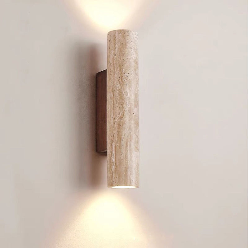 Contemporary Scandinavian Cylinder Round Yellow Travertine Wood 2-Light Wall Sconce Lamp For Living Room