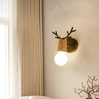 Modern Art Deco Antler Round Glass Rubberwood Metal 1-Light Wall Sconce Lamp For Living Room