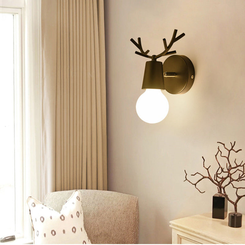 Modern Art Deco Antler Round Glass Rubberwood Metal 1-Light Wall Sconce Lamp For Living Room