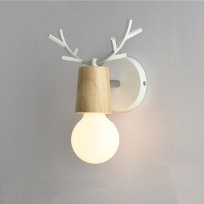 Modern Art Deco Antler Round Glass Rubberwood Metal 1-Light Wall Sconce Lamp For Living Room