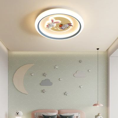 Modern Art Deco Kids Rabbit Round Acrylic Iron LED Flush Mount Ceiling Light For Living Room