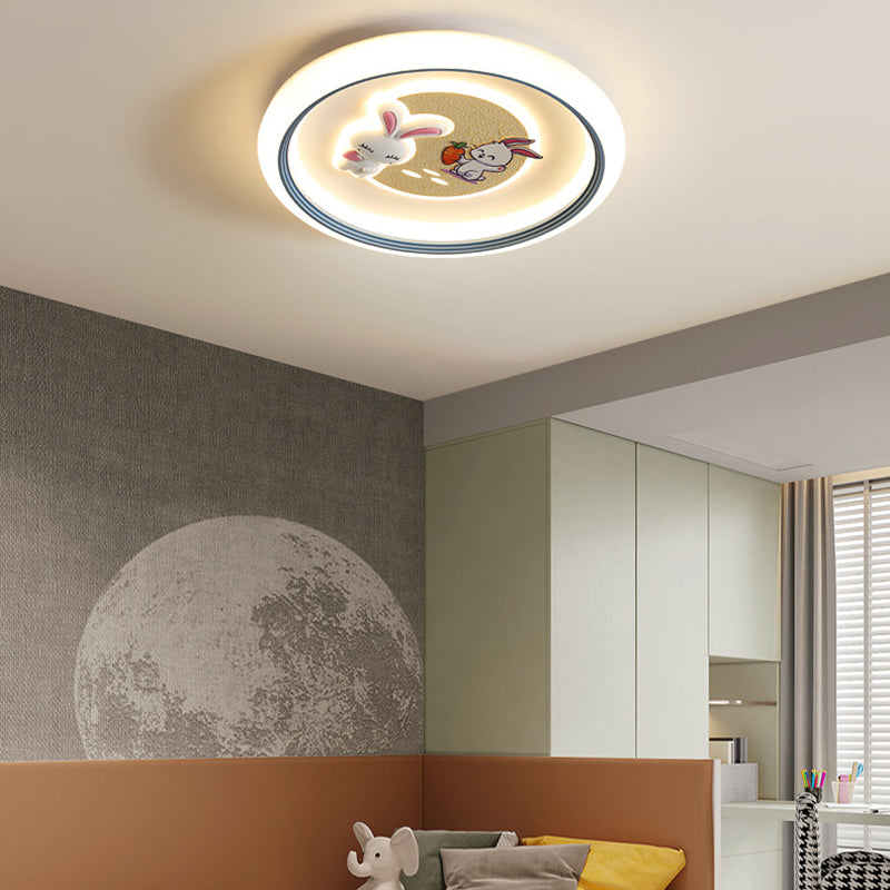 Modern Art Deco Kids Rabbit Round Acrylic Iron LED Flush Mount Ceiling Light For Living Room