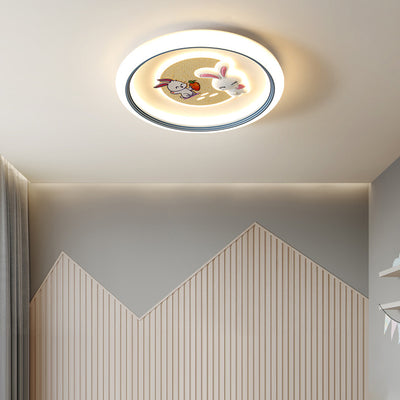 Modern Art Deco Kids Rabbit Round Acrylic Iron LED Flush Mount Ceiling Light For Living Room