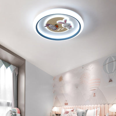 Modern Art Deco Kids Rabbit Round Acrylic Iron LED Flush Mount Ceiling Light For Living Room