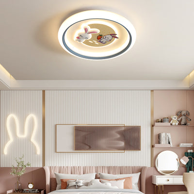 Modern Art Deco Kids Rabbit Round Acrylic Iron LED Flush Mount Ceiling Light For Living Room