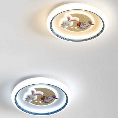 Modern Art Deco Kids Rabbit Round Acrylic Iron LED Flush Mount Ceiling Light For Living Room