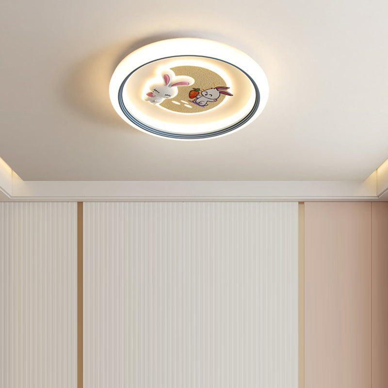 Modern Art Deco Kids Rabbit Round Acrylic Iron LED Flush Mount Ceiling Light For Living Room