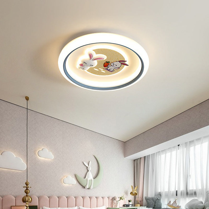 Modern Art Deco Kids Rabbit Round Acrylic Iron LED Flush Mount Ceiling Light For Living Room