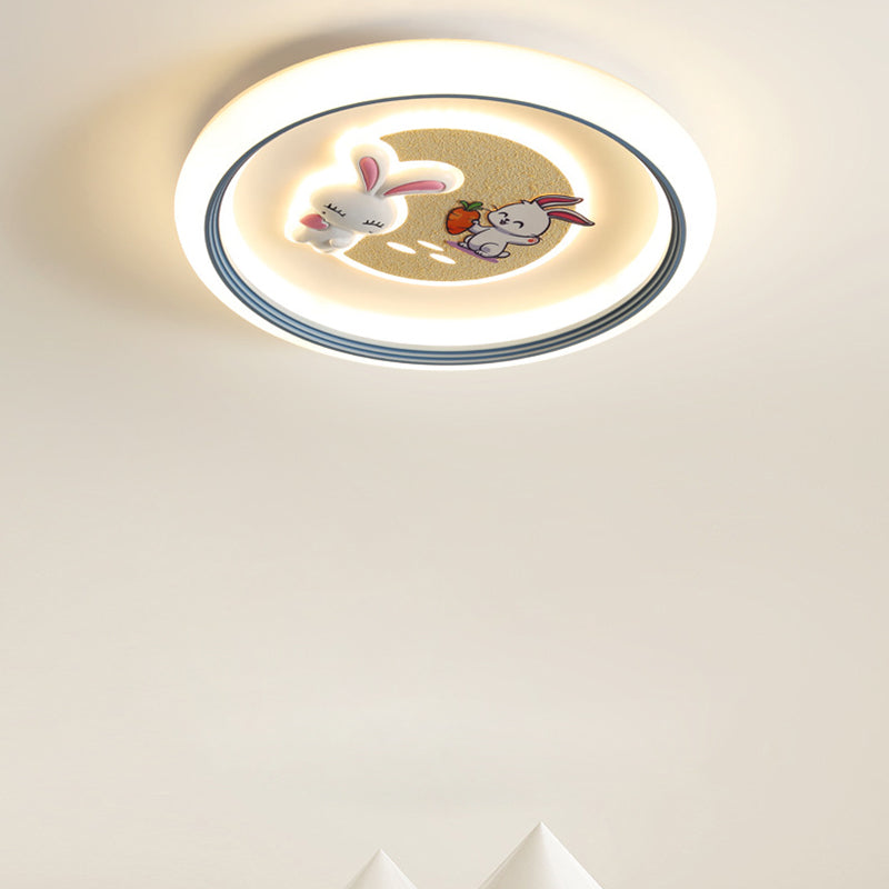 Modern Art Deco Kids Rabbit Round Acrylic Iron LED Flush Mount Ceiling Light For Living Room